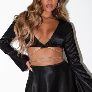 Black Satin Diamante Wrap Flared Sleeve Top